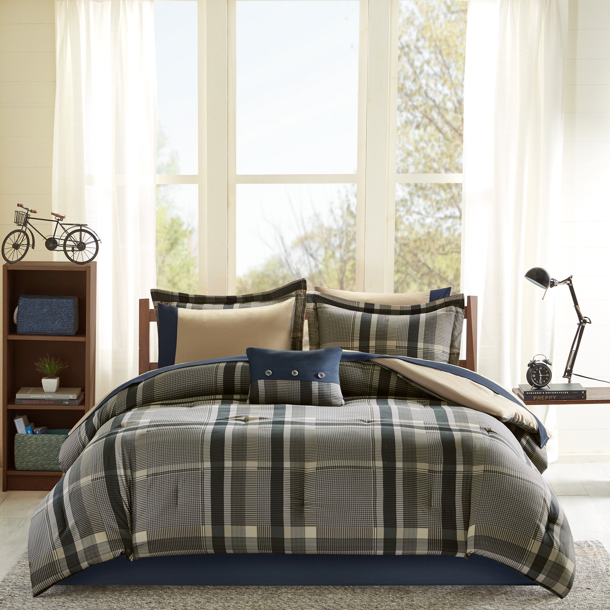 Home Essence Printed Navy Plaid 7 Piece Bed in a Bag Comforter Set， Twin