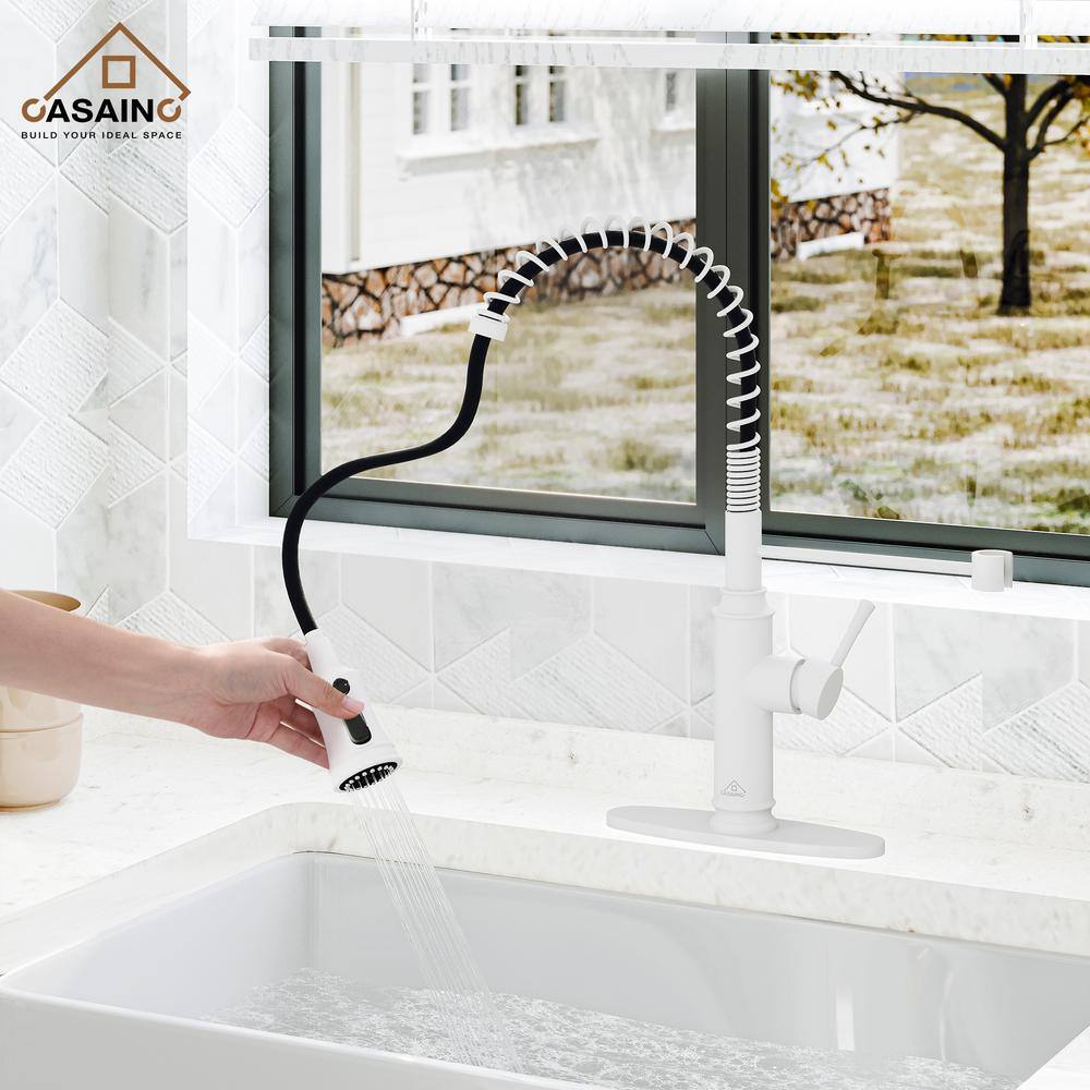 CASAINC Single Handle Spring Pull Down Sprayer Kitchen Faucet with Infrared Induction Function and Deck Plate in Matte White CA-W3052-MW