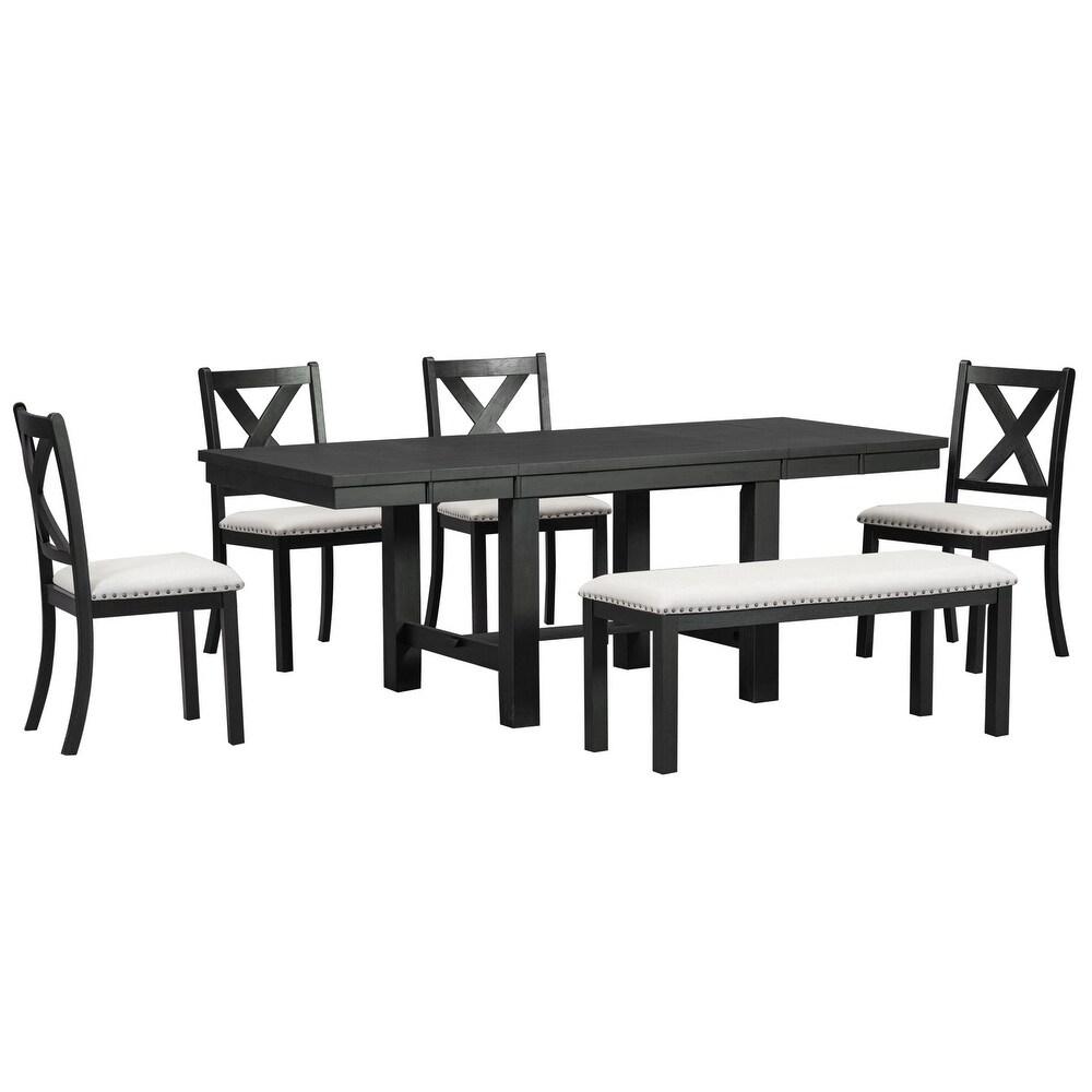 6 Piece Dining Table Set with Footrest  4 Padded Chairs   Bench  Wooden 82\