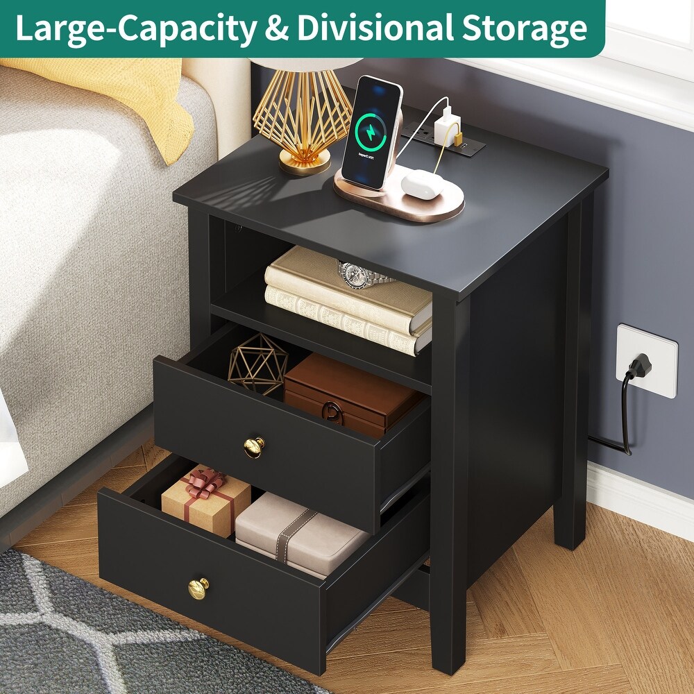 Nightstand Set of 2 with Charging Station End Side Table with 2 Drawers with USB Ports and Outlets Bedside Bed