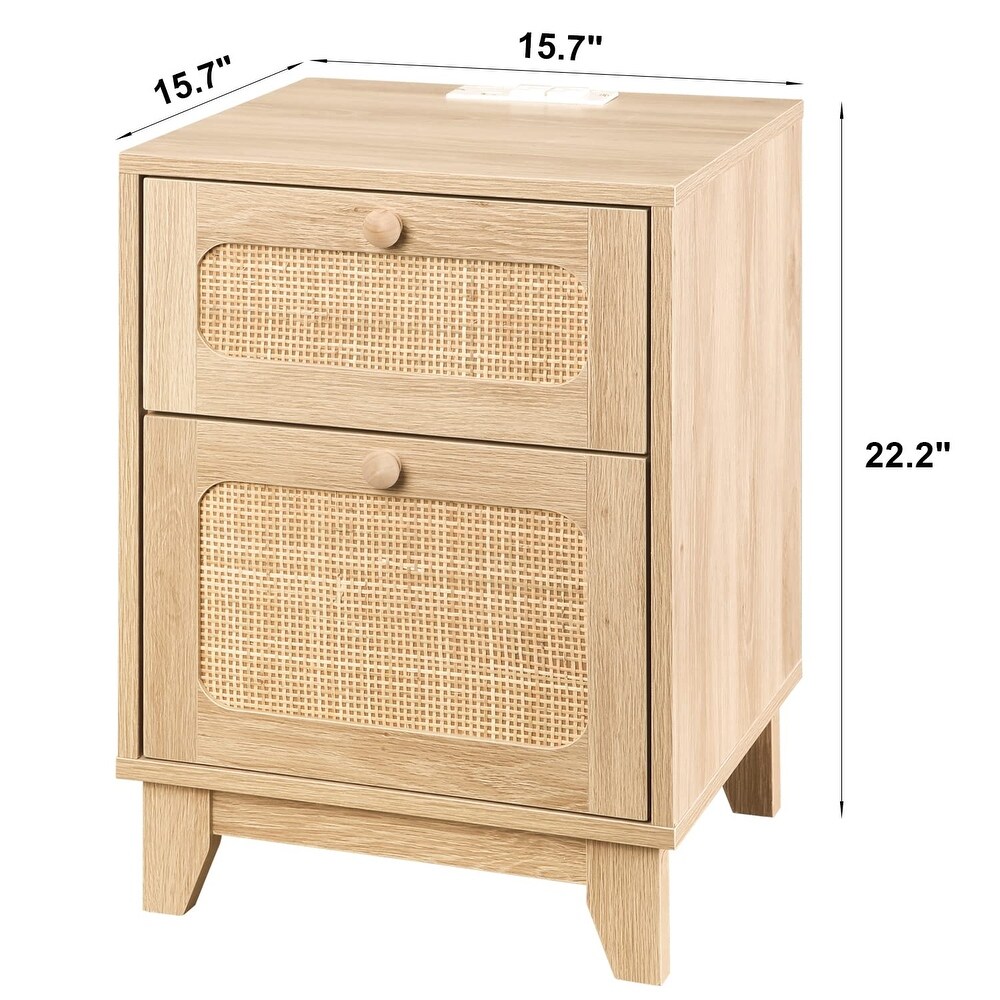 Rattan Nightstand with Charging Station  Boho Side Table with Handmade Rattan Decorated Drawer and Door