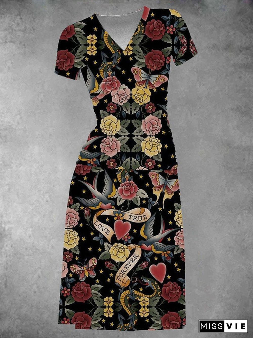 Vintage Floral Print Short Sleeve Dress