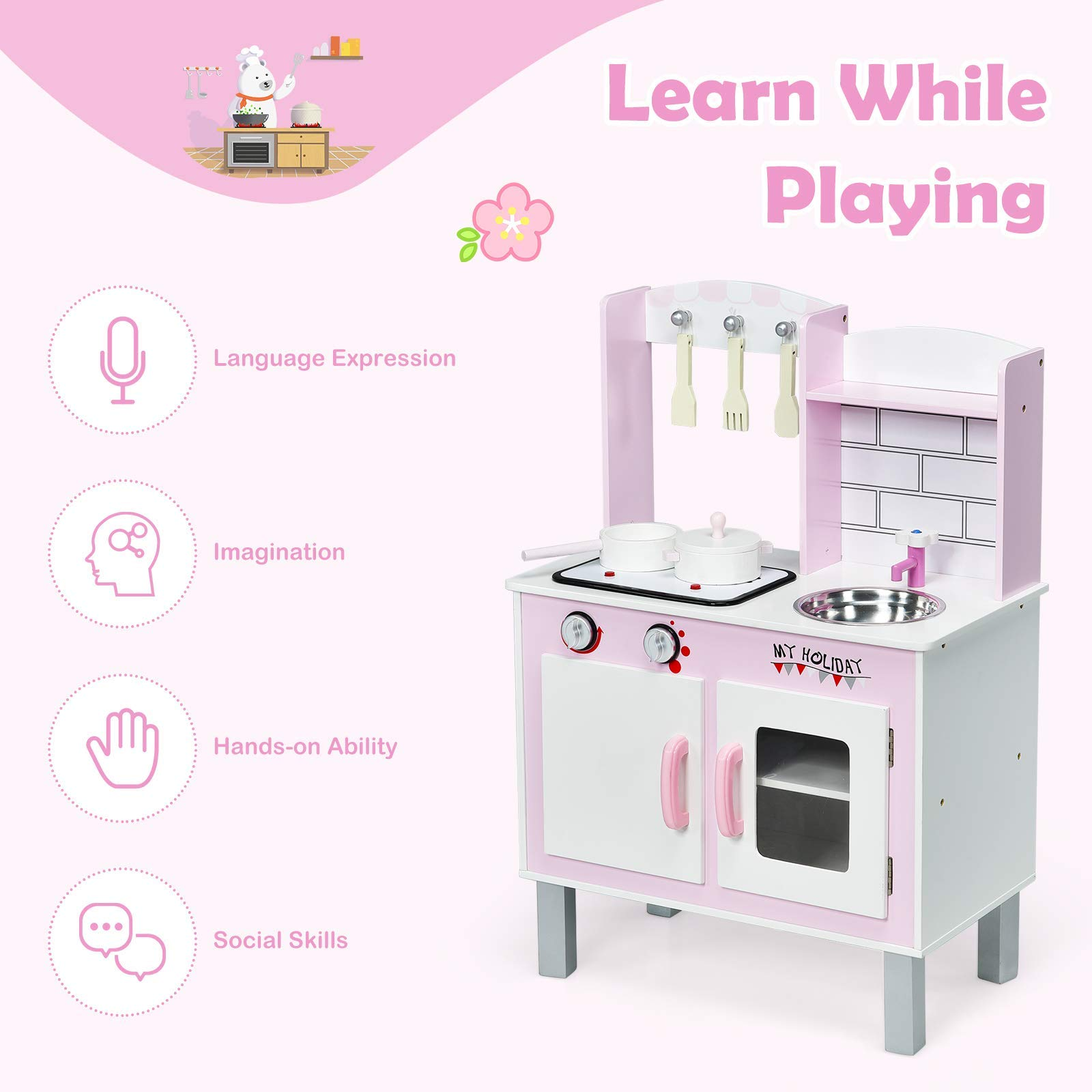 Costzon Kids Kitchen Playset, Wooden Pretend Play Cooking Set with Realistic Lights & Sounds (Pink)