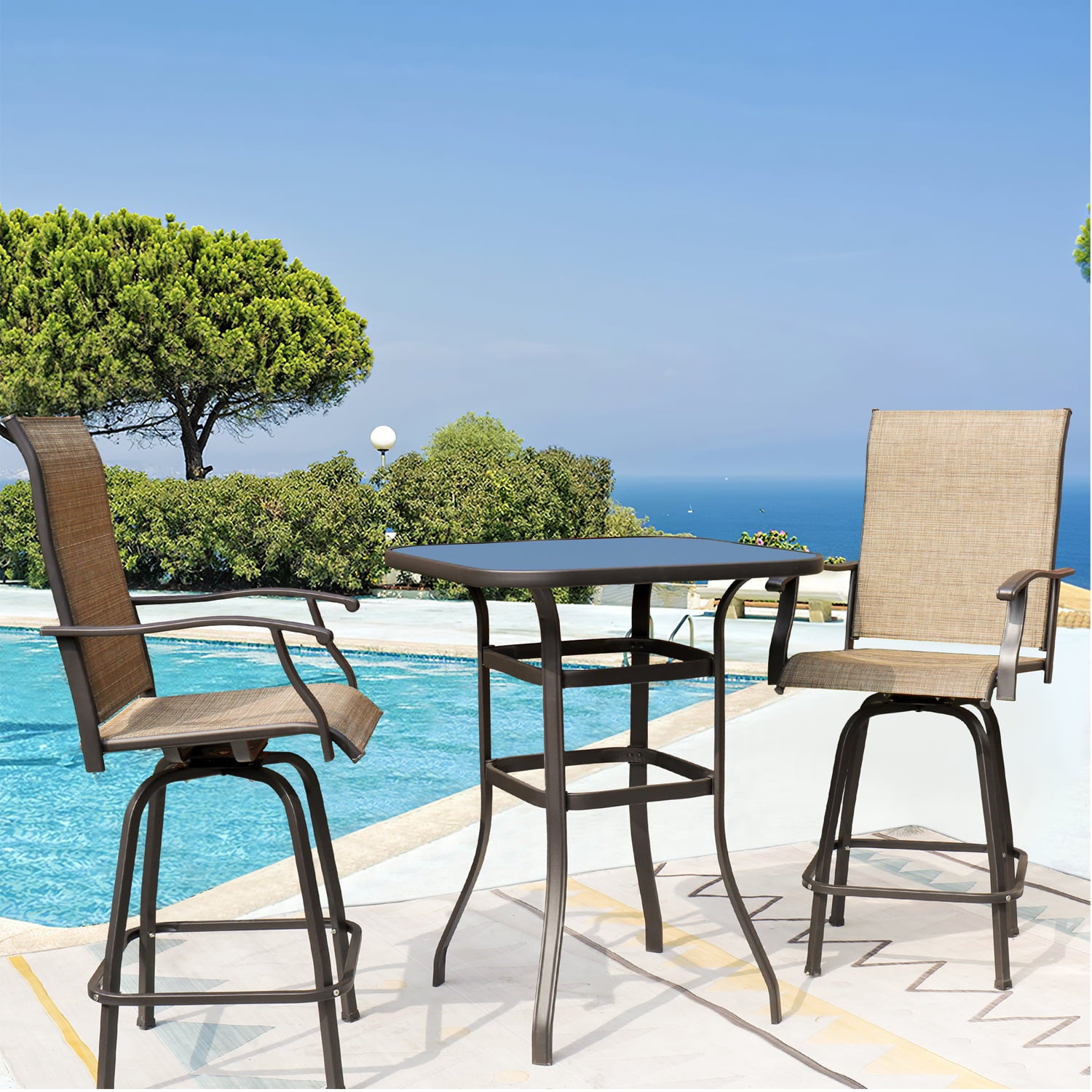 LACOO Patio Outdoor Bar Height Metal Bistro Chair and Table Set of Three, Tan