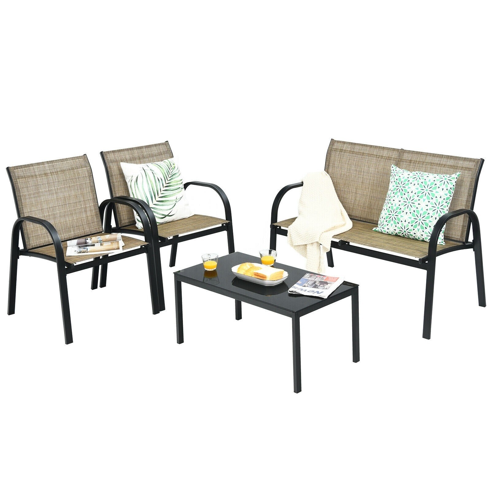 4 pcs Patio Furniture Set with Glass Top Coffee Table - 42.5