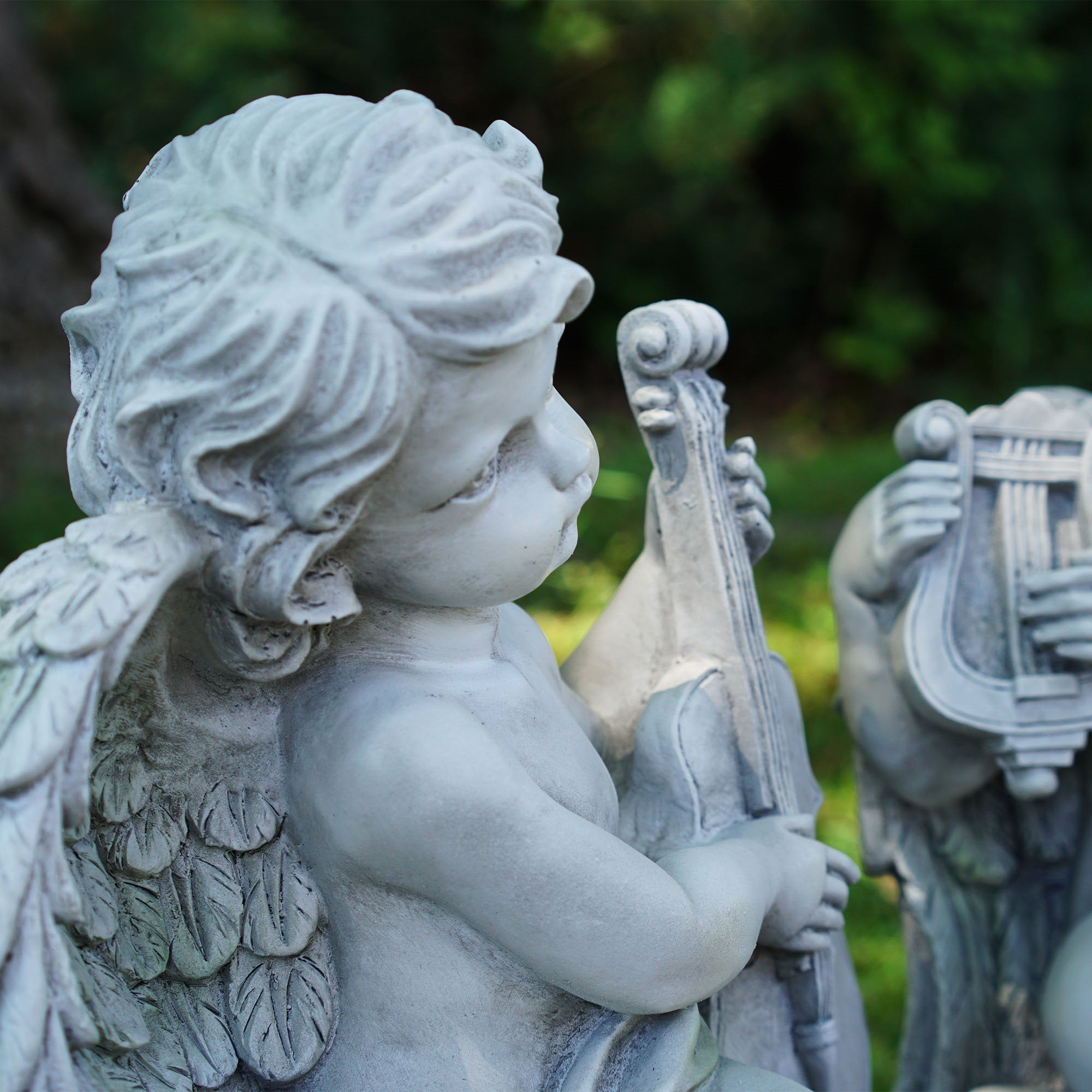 14.75" Ivory Set of 2 Cherub Angels with Violin and Harp Sitting on Finials Outdoor Garden Statues