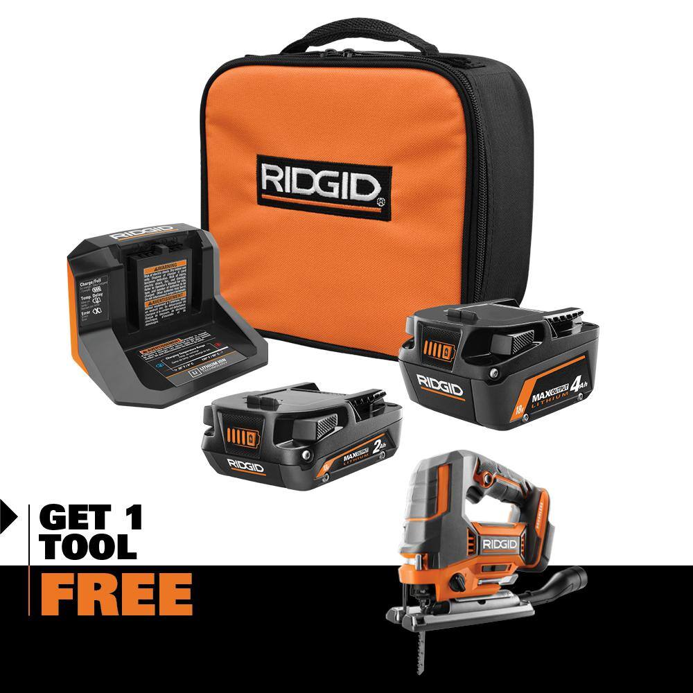 RIDGID 18V MAX Output Kit with 4.0 Ah MAX Output Battery 2.0 Ah Battery Charger  18V Brushless Jig Saw AC8400240SB-R8832B