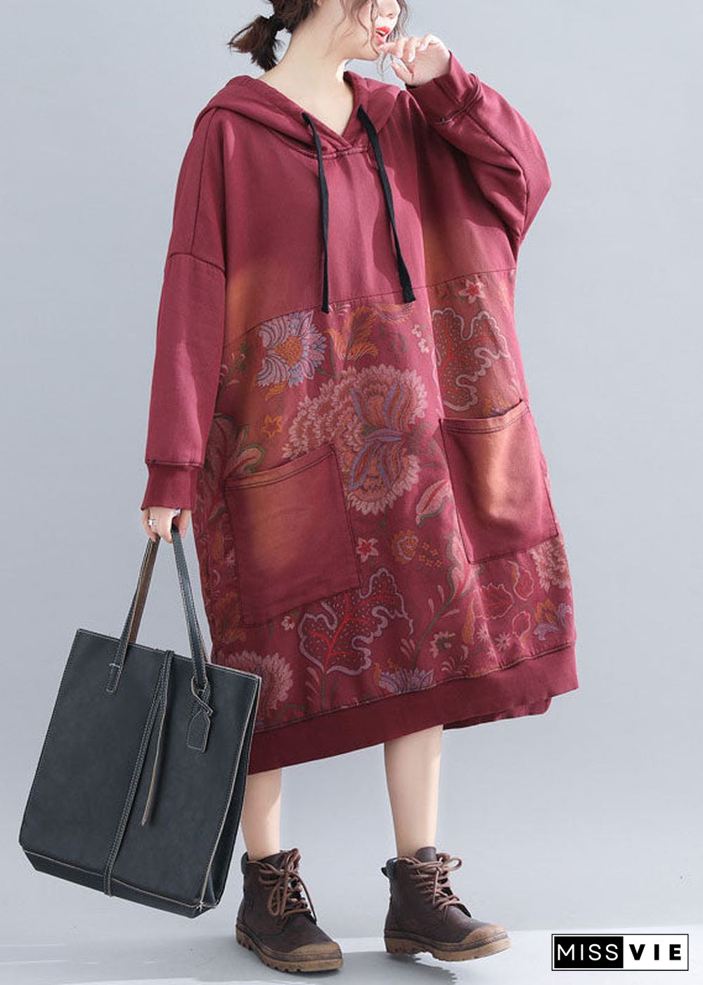 Classy Red print Patchwork Sweatshirts dresses Spring