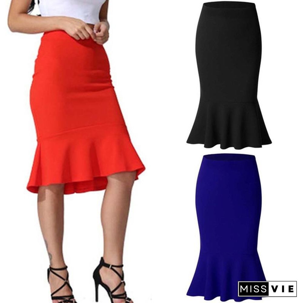 Summer Fishtail Skirt Lady High Waist Mermaid Skirt Solid Color Office Wear Skirts Women Fashion Plus Size Skirts