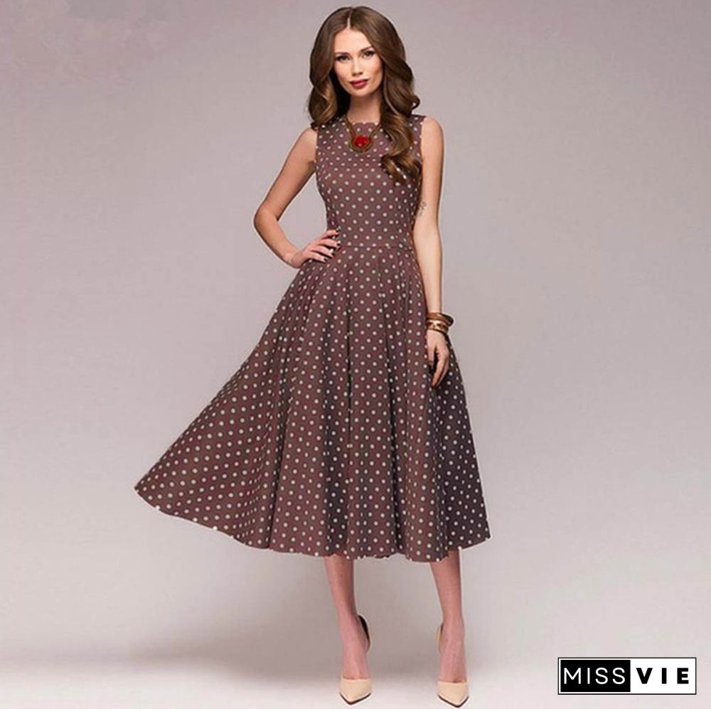 Vintage Polka Dot Swing Party Dresses Women Sleeveless O-neck Elegant Dress Casual Boho Midi Dress