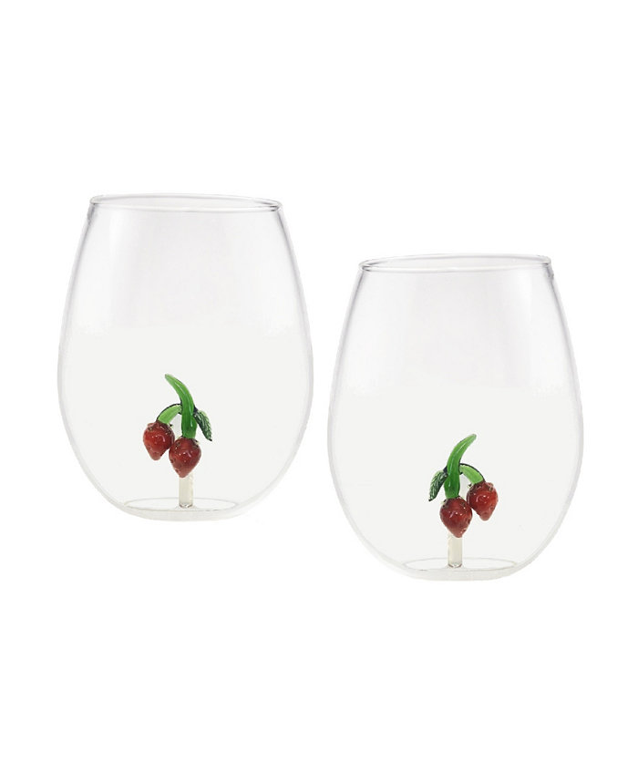 Qualia Glass Strawberry 22 oz Stemless Wine Glasses Set of 2