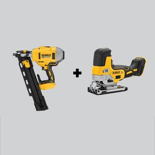 DW 20V MAX XR Lithium-Ion Cordless Brushless 2-Speed 21 Plastic Collated Framing Nailer and Barrel Grip Jigsaw(Tools Only) DCN21PLBW335B