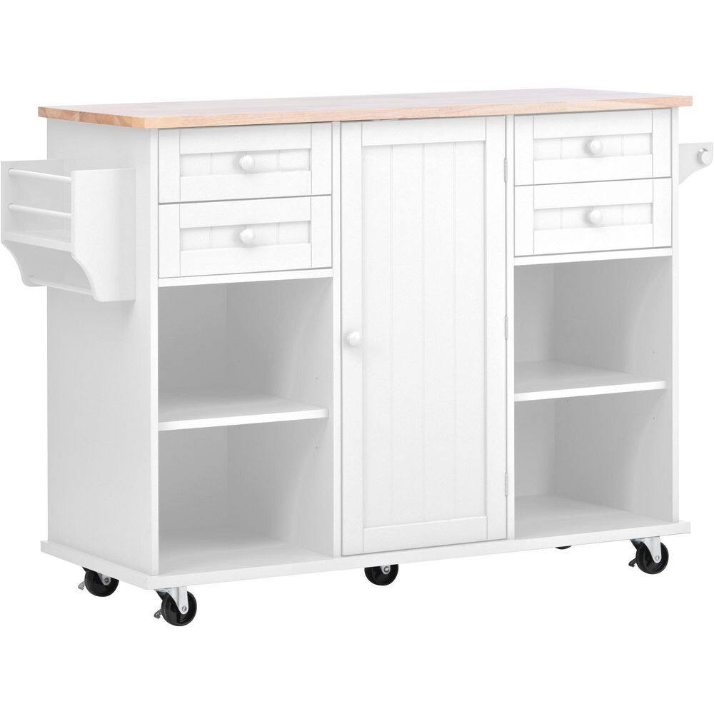 kitchen Island Cart with Spice Rac Towel Rack Drawer Rubber Wood Desktop 5 Wheels Including 4 Lockable Wheels In White KITCHENBLACK09