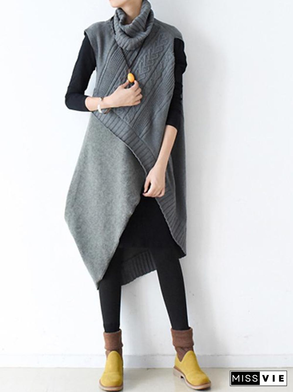 Casual Vintage Knitting High-Neck Sleeveless Dress