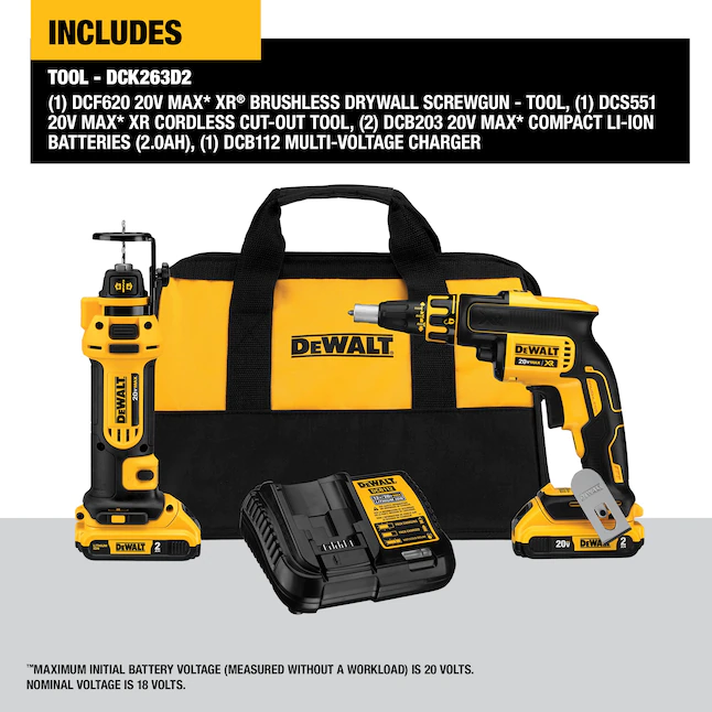 DEWALT DCK263D2 20-Volt MAX XR Cordless Drywall Screw Gun/Cut-out Tool Combo Kit (2-Tool) with (2) 20-Volt 2.0Ah Batteries and Charger