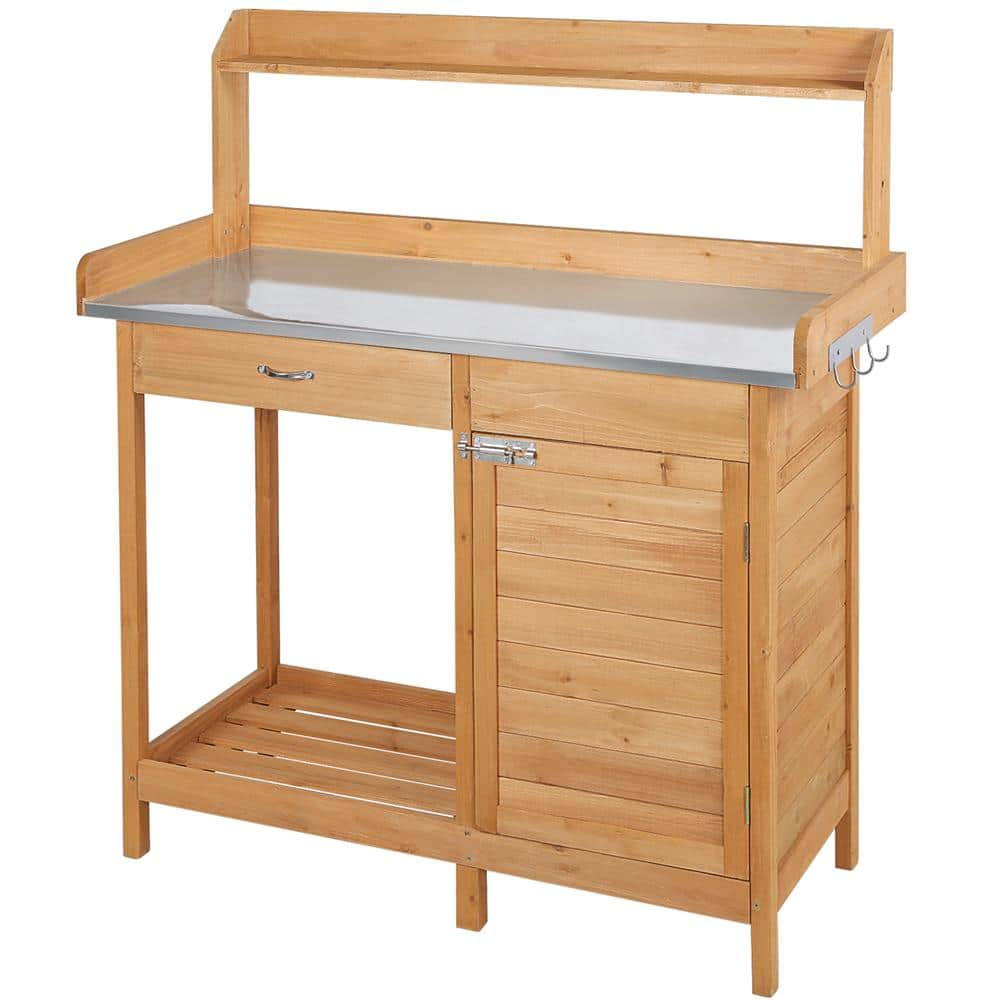 Yaheetech Outdoor Garden Potting Bench Table with Metal Tabletop Cabinet Drawer and Open Shelf DYqgk90001