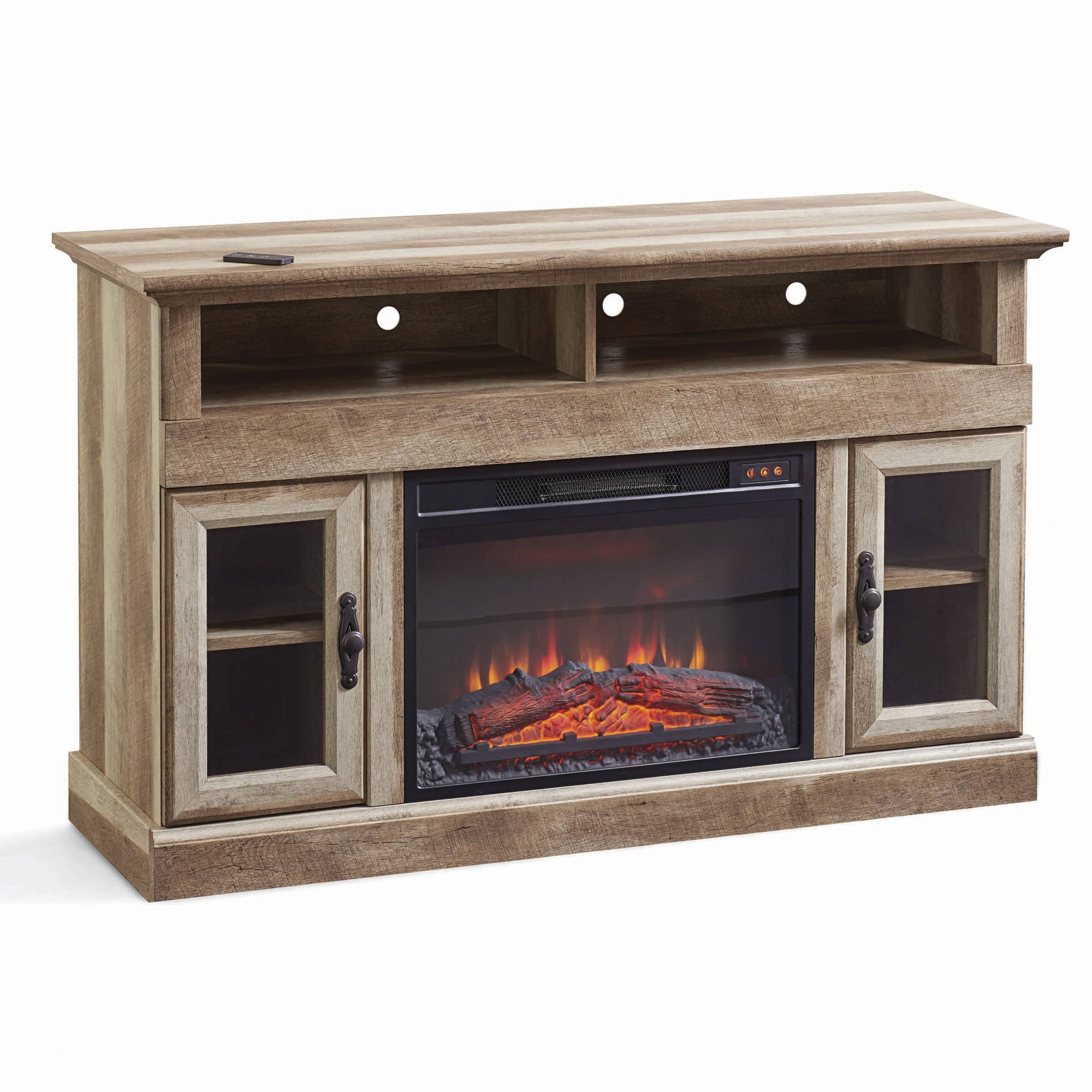 Better Homes & Gardens Crossmill Fireplace Media Console, for TVs up to 60, Weathered Pine Finish