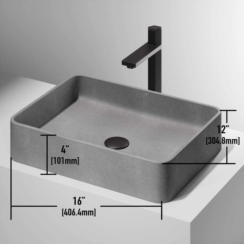 VIGO Segovia Gothic Gray Concreto Stone 16 in. L x 12 in. W x 4 in. H Rectangular Vessel Bathroom Sink VG04064