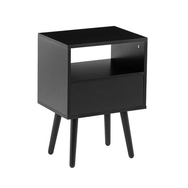 Modern Rattan Side table/Nightstand with 1 Shelf，1 drawer and 4 Solid Wood Legs