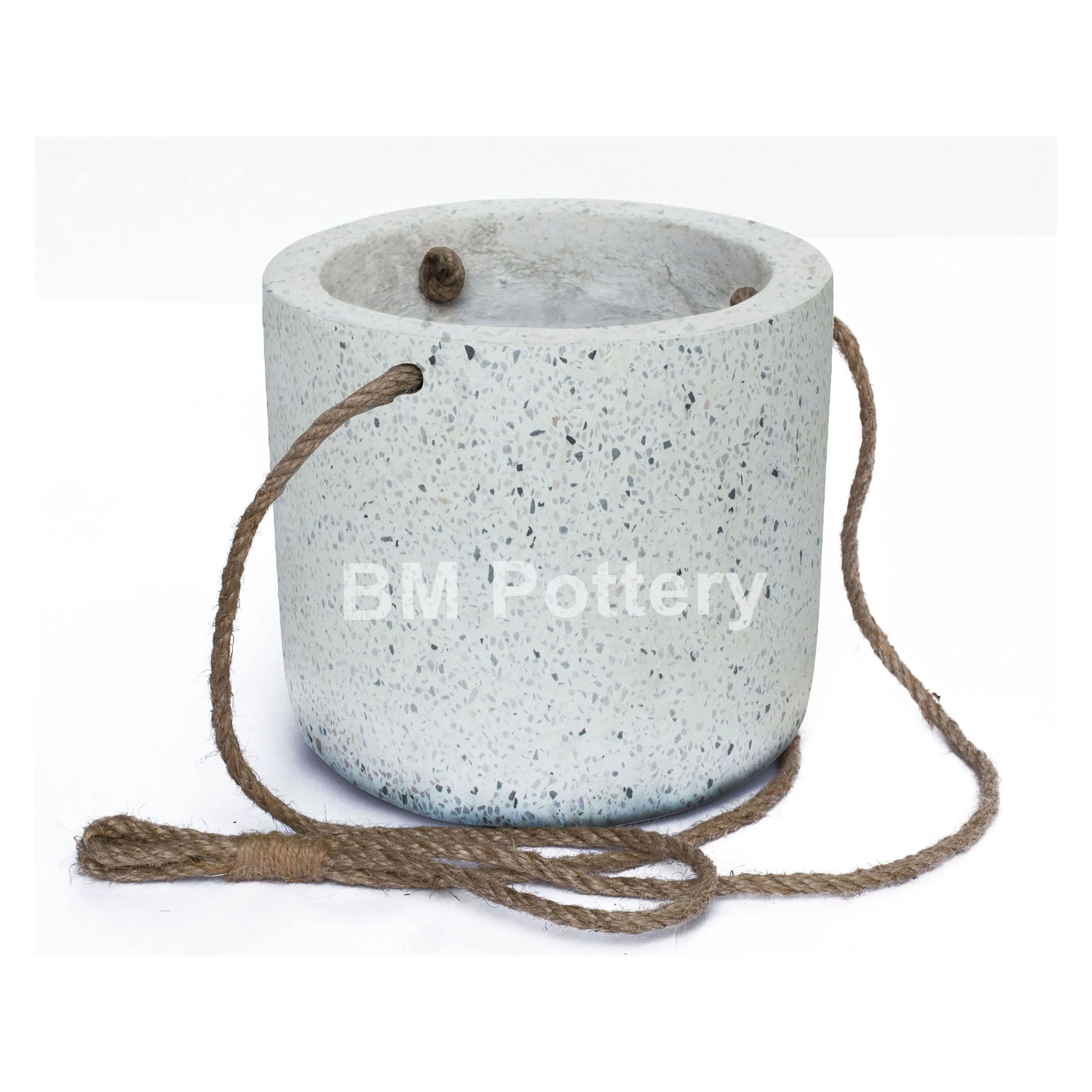 Modern White Terrazzo hanging pot made in Vietnam for indoor and outdoor garden decor coir rope