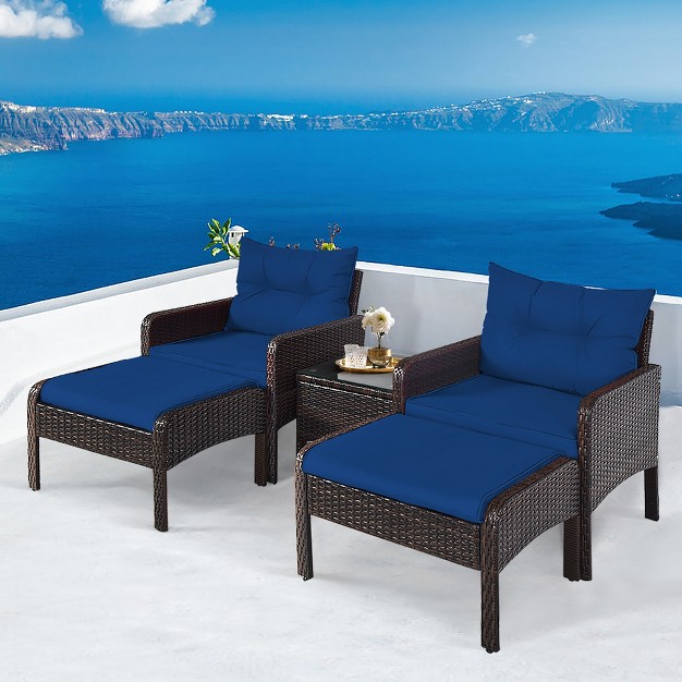 Tangkula 5pcs Patio Set Sectional Rattan Wicker Furniture Set W Navy Cushion