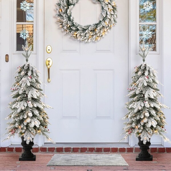 Glitzhome 4FT/5FT PreLit Flocked Fir Artificial Christmas Potted Porch Trees