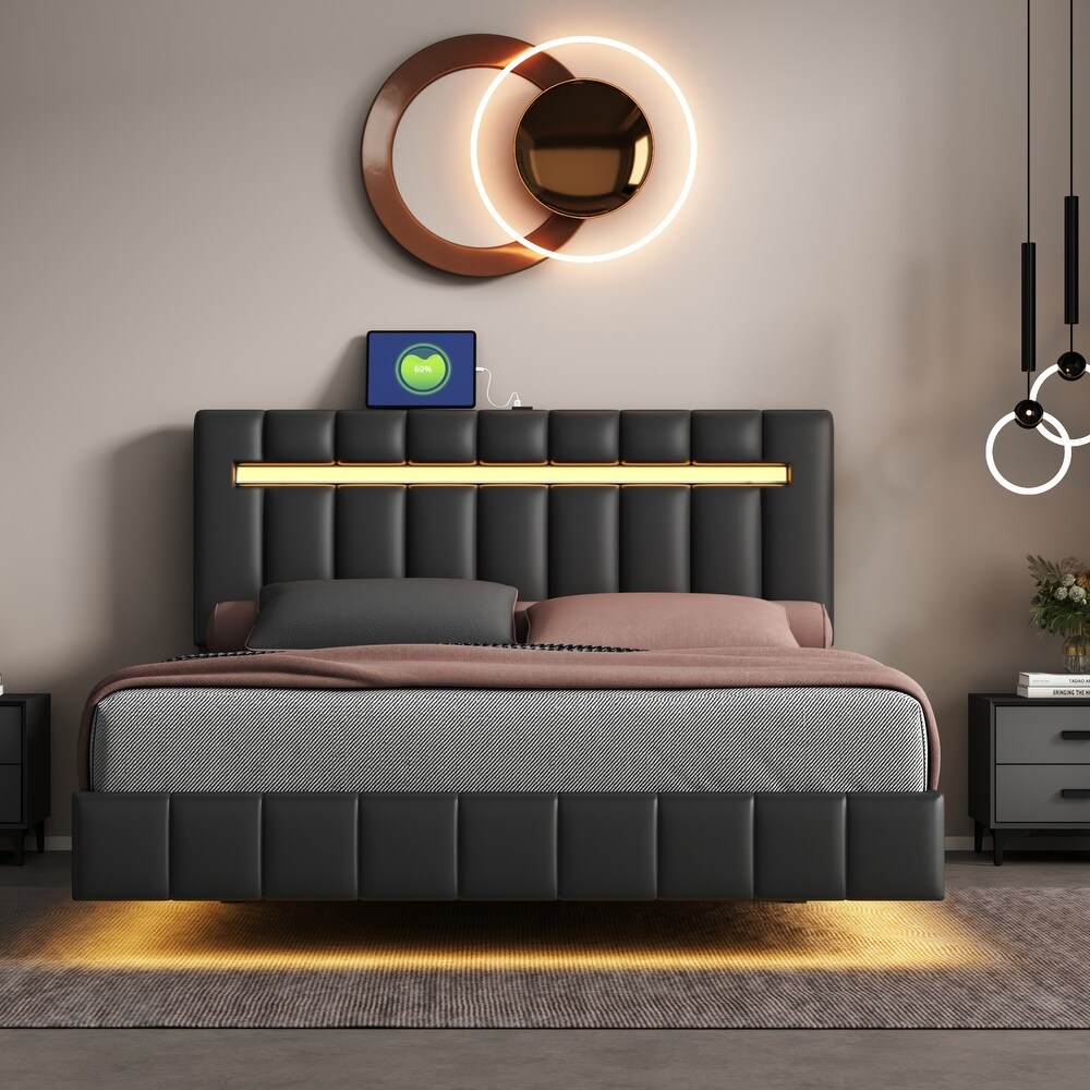 Floating Bed Frame with LED Lights and USB Charging Modern Upholstered Platform LED Bed Frame