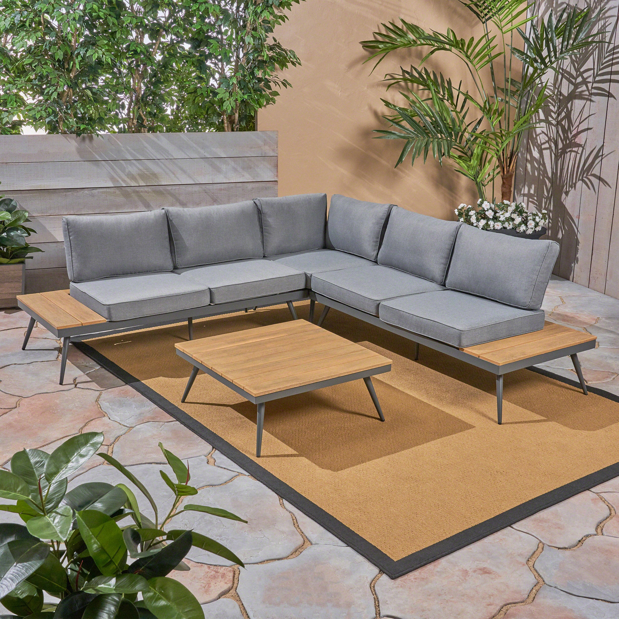 Deborah Outdoor Wood and Aluminum V-Shaped 5 Seater Sofa Set