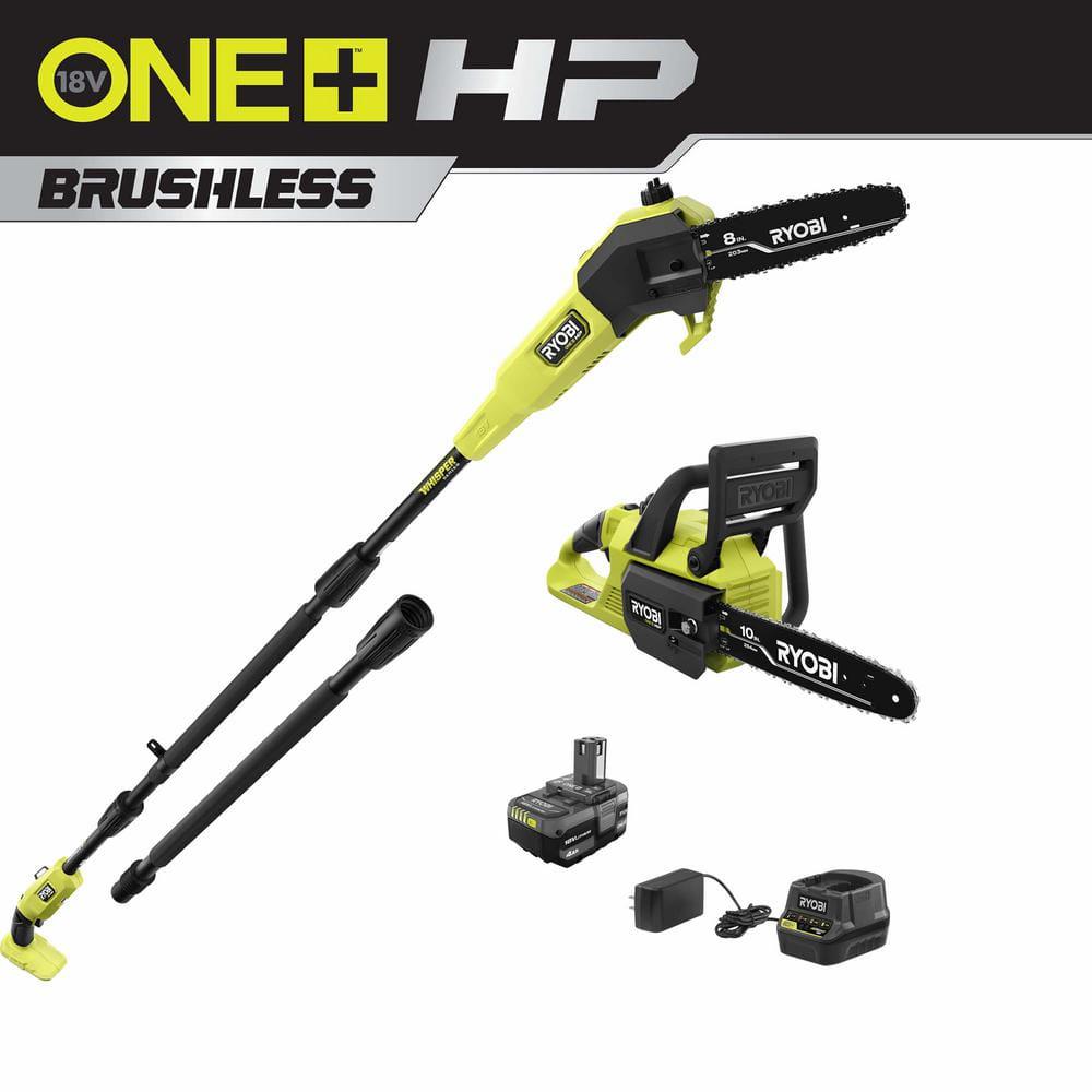 RYOBI ONE HP 18V Cordless 10 in Chainsaw and Whisper Series 8 in Pole Saw with 40 Ah Battery and Charger