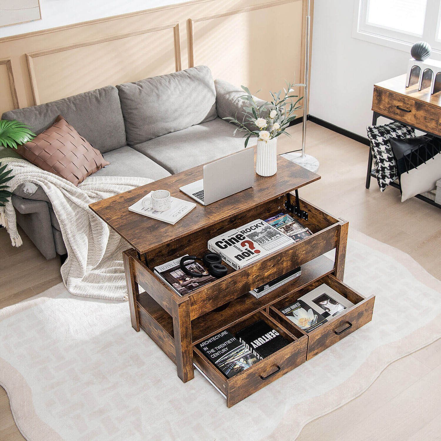 Lift Top Coffee Table with 2 Storage Drawers and Hidden Compartment-Rustic Brown