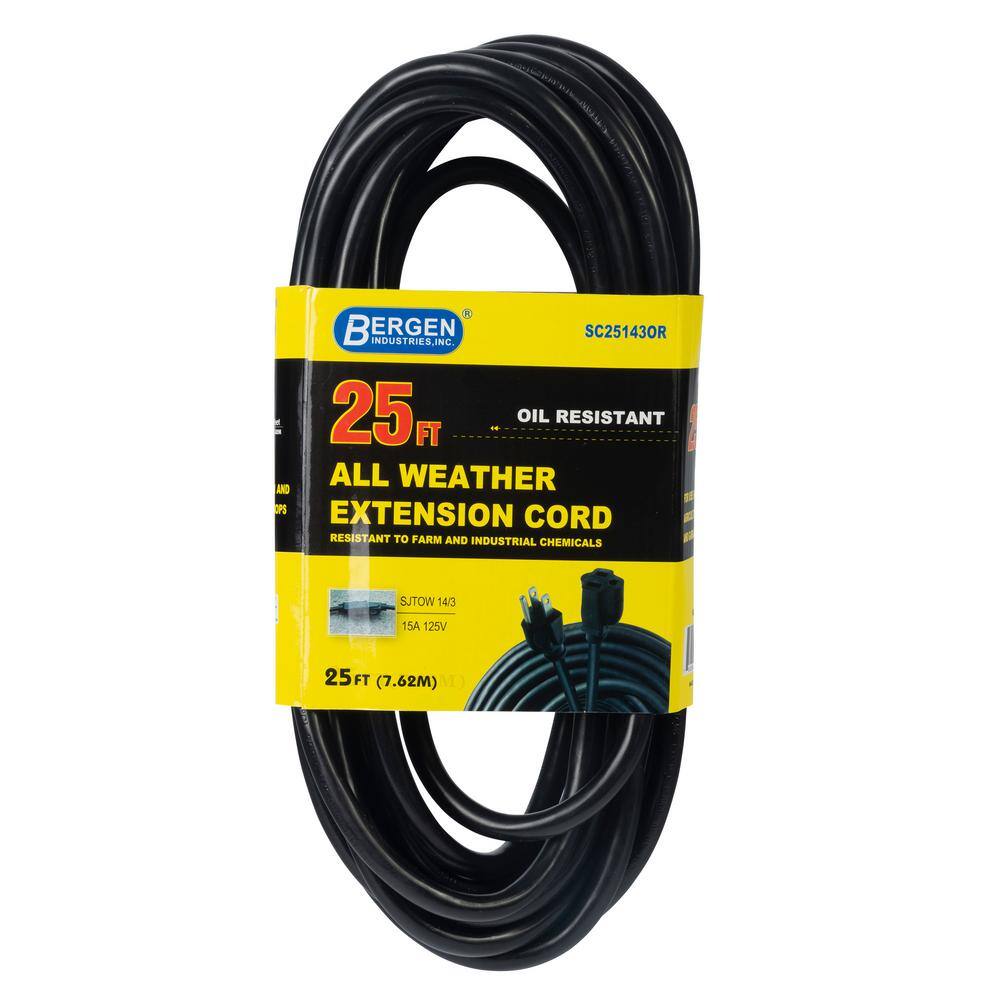 Bergen Industries 25 ft. 143 SJTOW 15 Amp125-Volt All Weather Farm and Shop Extension Cord in Black SC25143OR