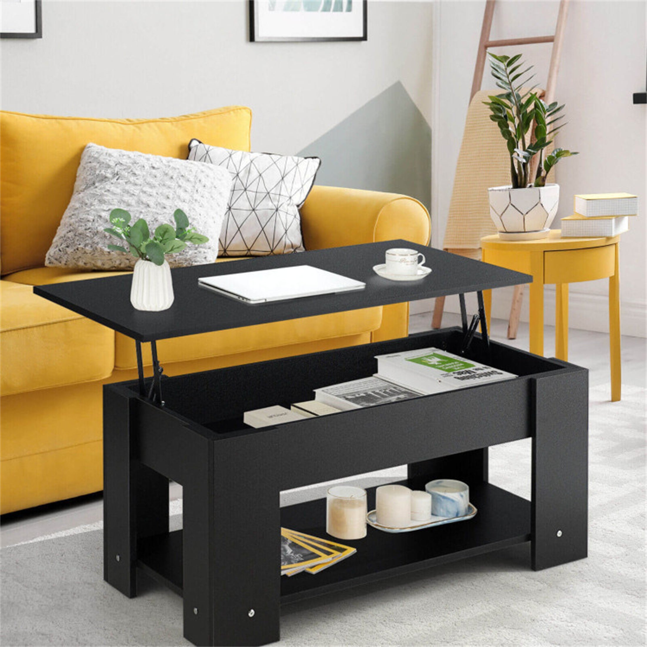 Black Coffee Table with Lift-up Desktop and Storage