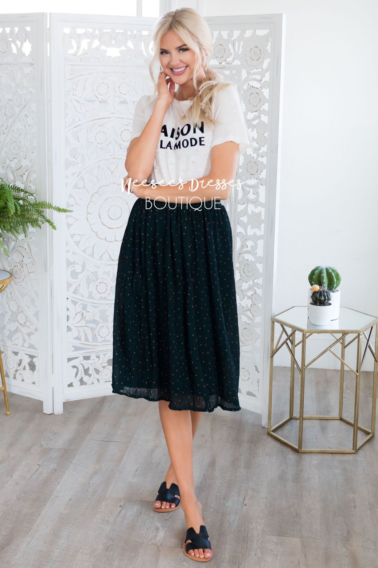 Dot Crepe Smocked Waist Skirt