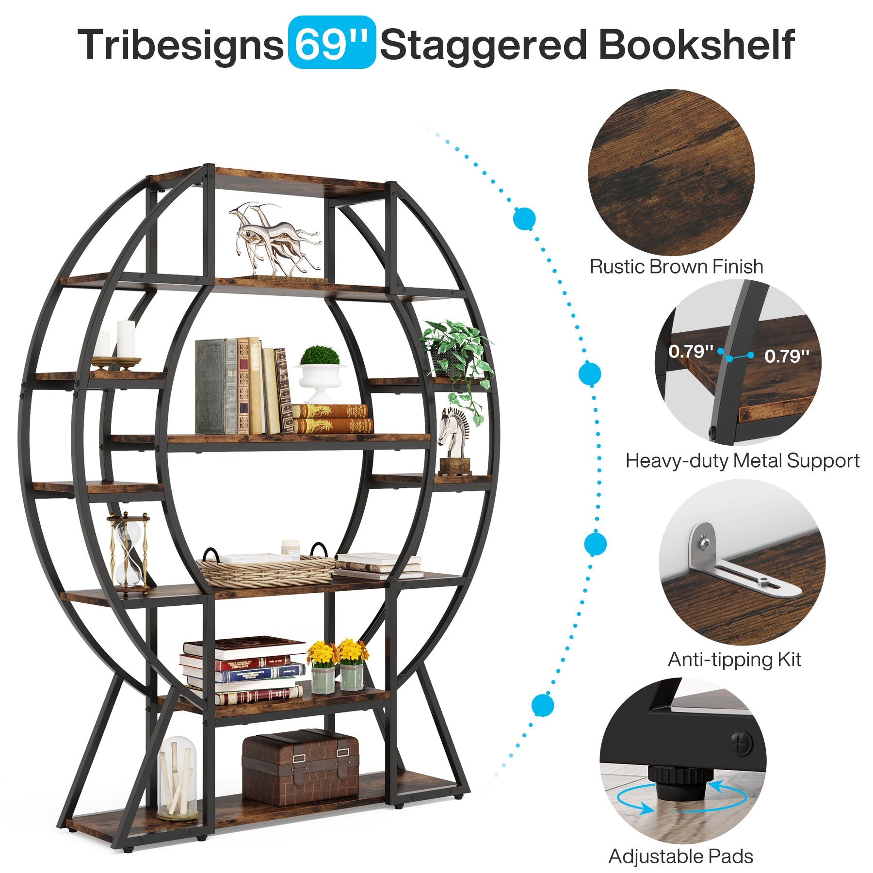 6-Tier Bookshelf, 69 Large Oval Triple Wide Bookcase with Metal Frame