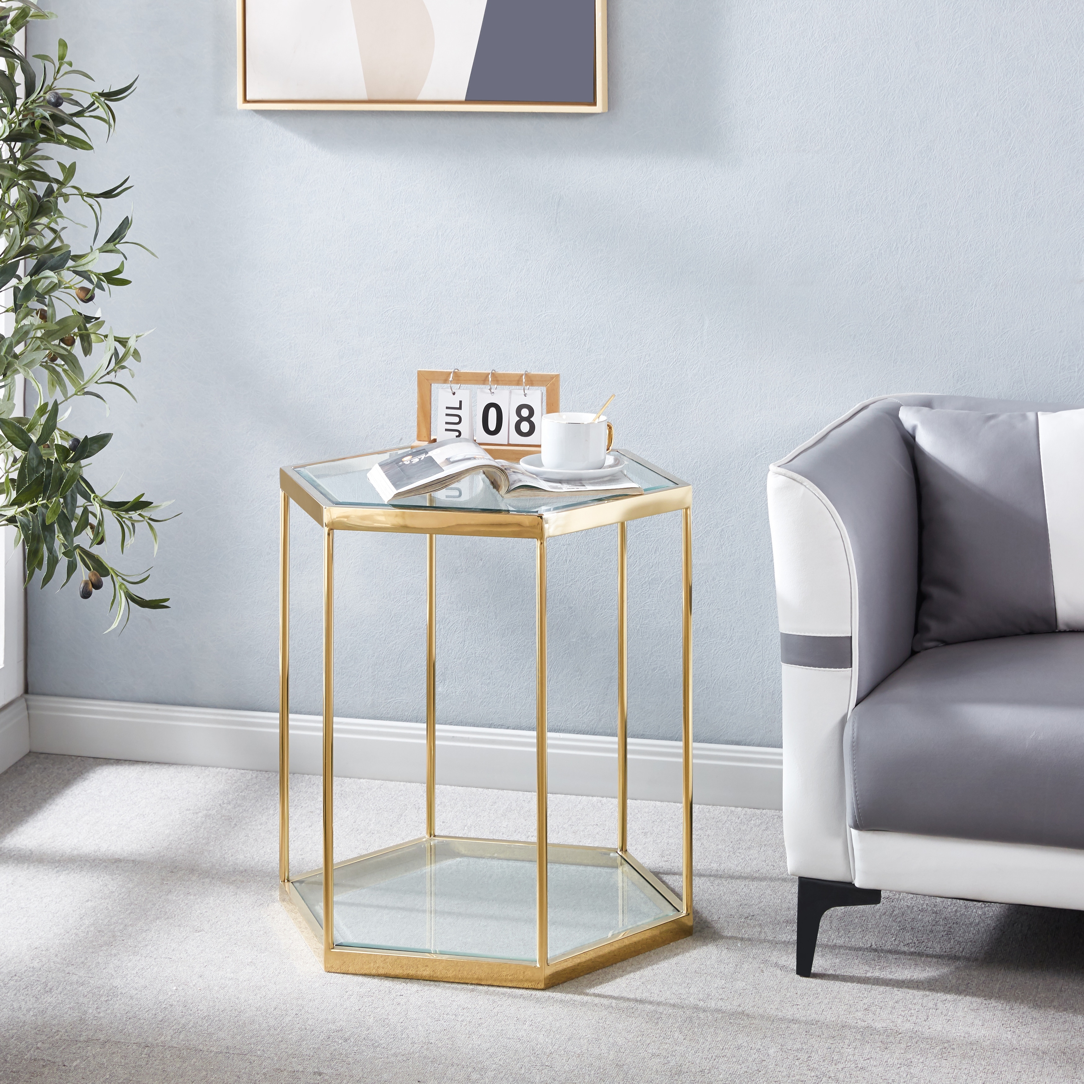 Stainless Steel Glass End Table with Gold Finish Frame