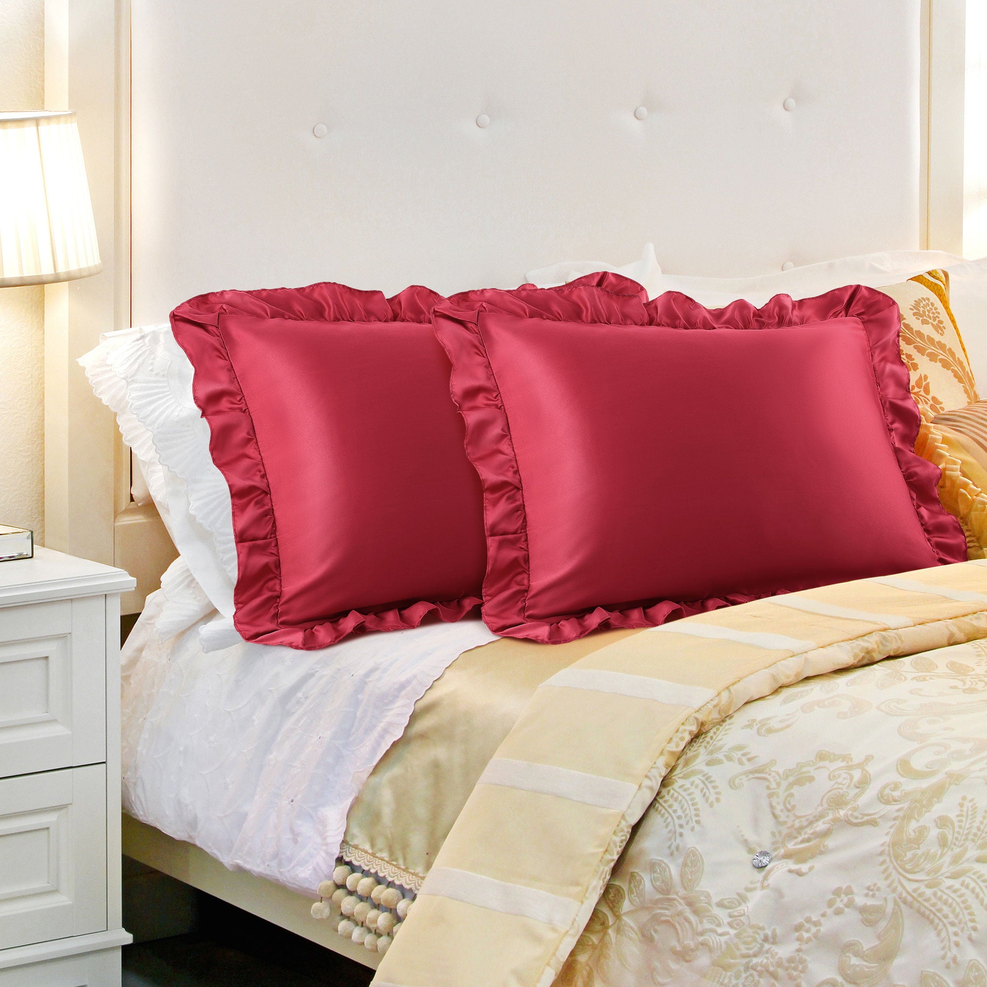 PiccoCasa Satin Pillowcase Ruffled Pillow Shams Set of 2， Burgundy Standard(20