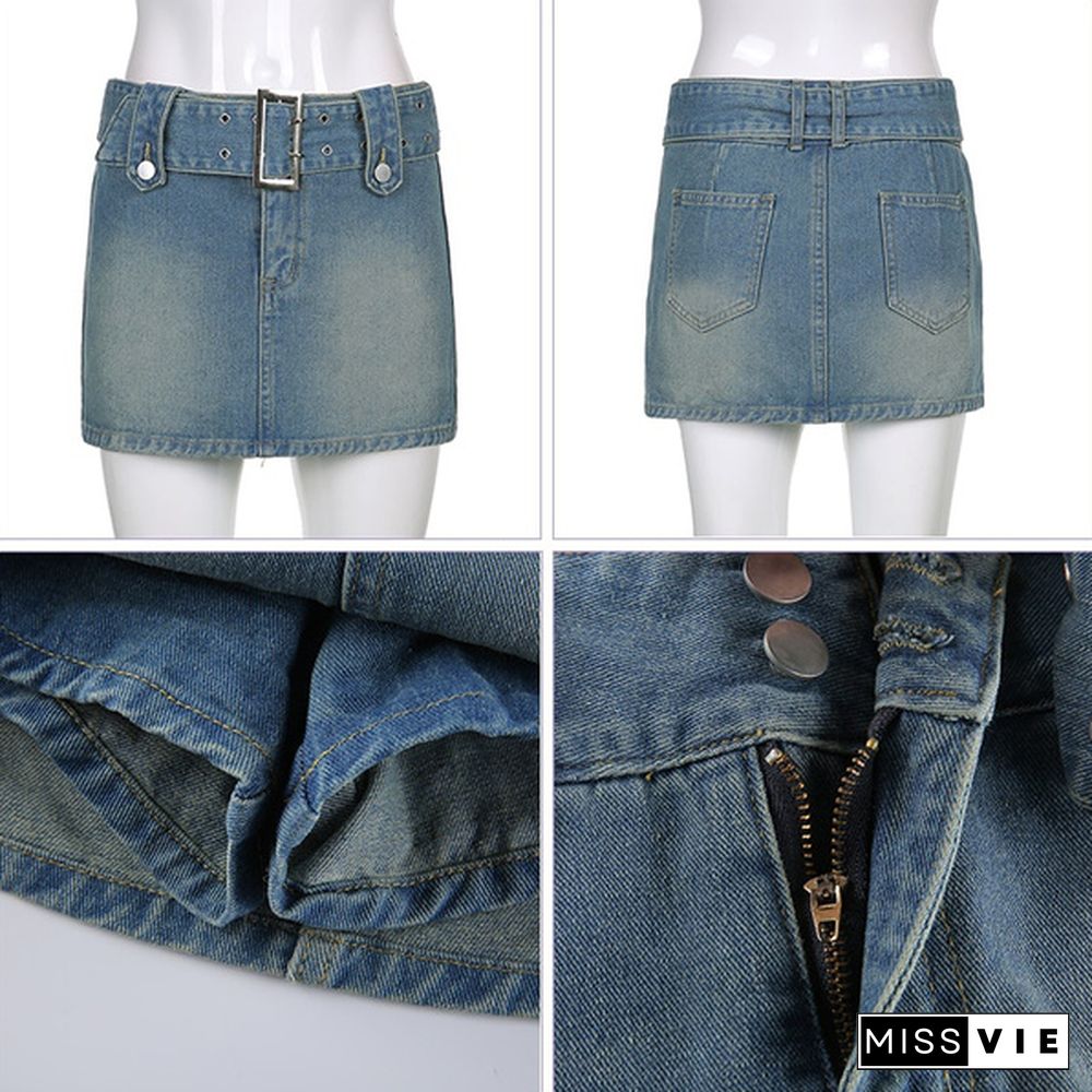 Women'S Jeans Skirt Y2K Belt Mini Denim Skirt Korean Low Waist Straight Short Skirt Summer Harajuku Sexy Vintage