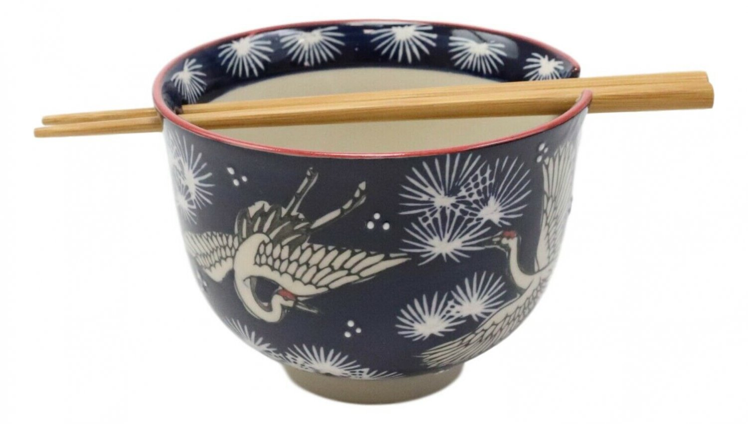 1 Japanese White Storks In Dark Blue Starry Sky Ramen Soup Bowl W/ Chopsticks Set EBR02