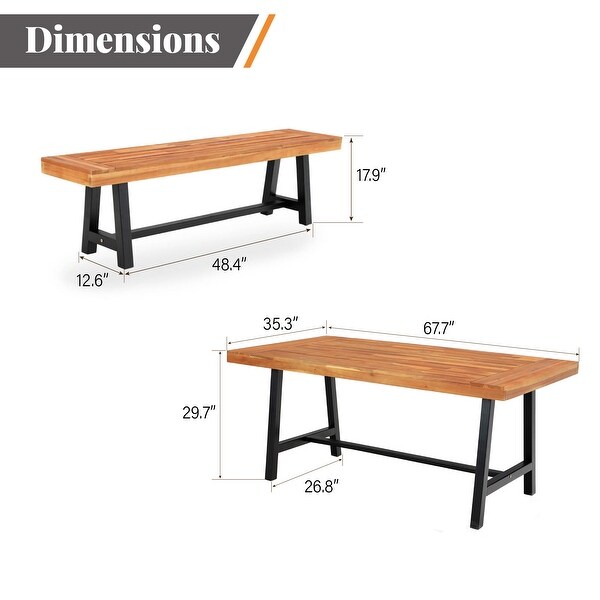 MAISON ARTS 3PCS Outdoor Patio Dining Table Set Acacia Wood with 1 Rectangular Picnic Coffee Table and 2 Benches