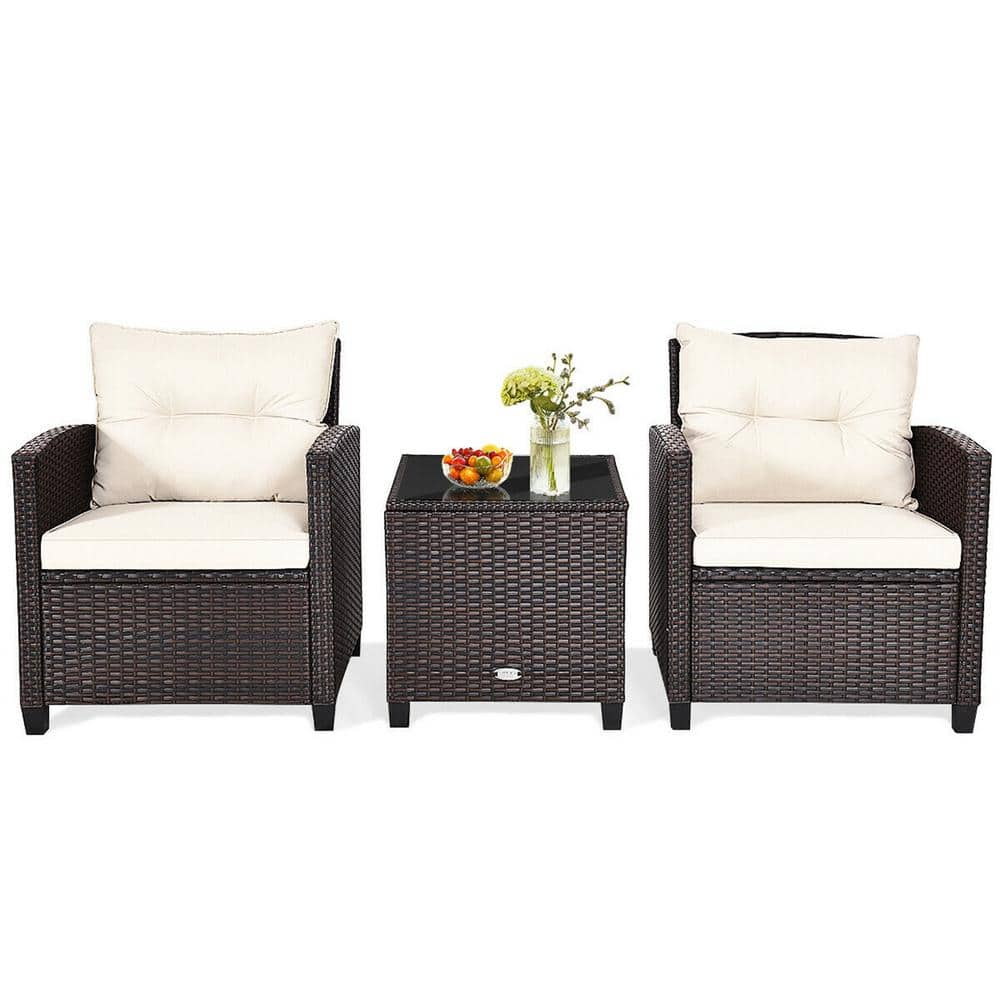 Gymax 3-Piece Wicker Outdoor Patio Conversation Set Garden Yard with Off White Cushions GYM07606