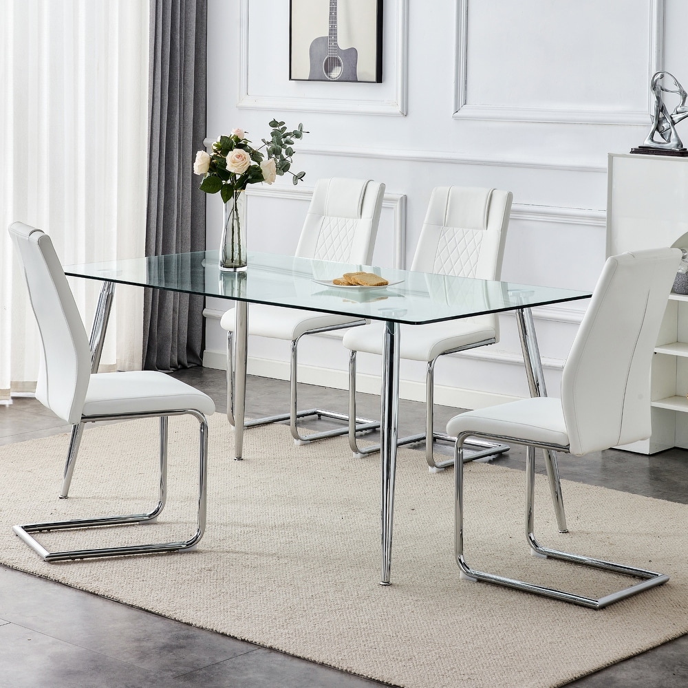 5 PCS Dining Table Set Table and Chair Set w 1 Table and 8 Chairs Glass Table Top Metal Table Legs