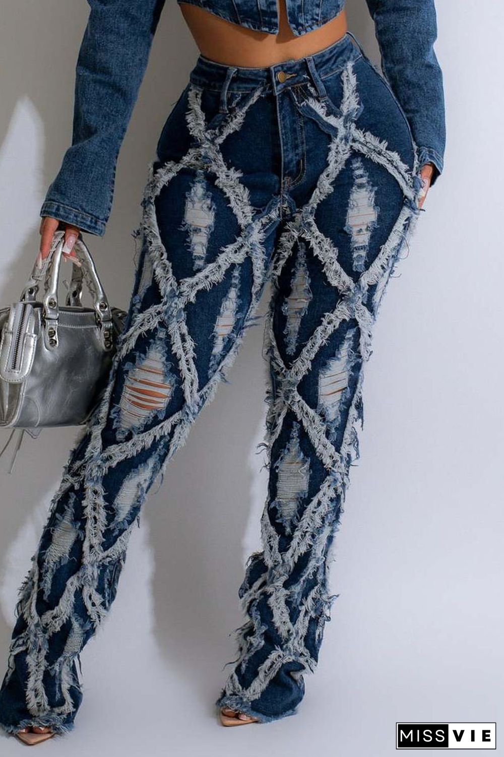 Sexy Solid Ripped Patchwork Buttons Zipper High Waist Boot Cut Denim Jeans