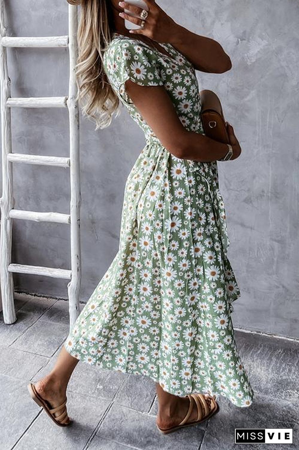 V-Neck Daisy Print Holiday Dress