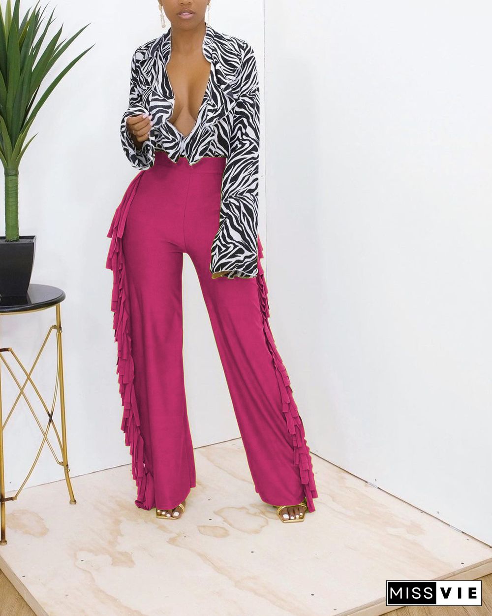 High Waist Tassel Side Straight Wide Leg Pants