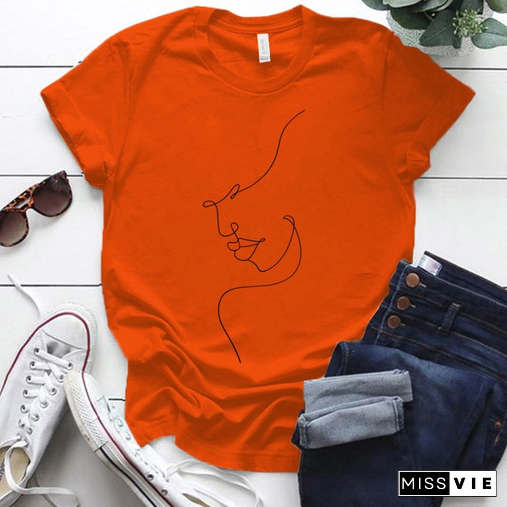 Cute Line Print T-shirts For Women Summer Lovely Short Sleeve Casual Round Neck T-shirts Ladies Creative Personalized Tops