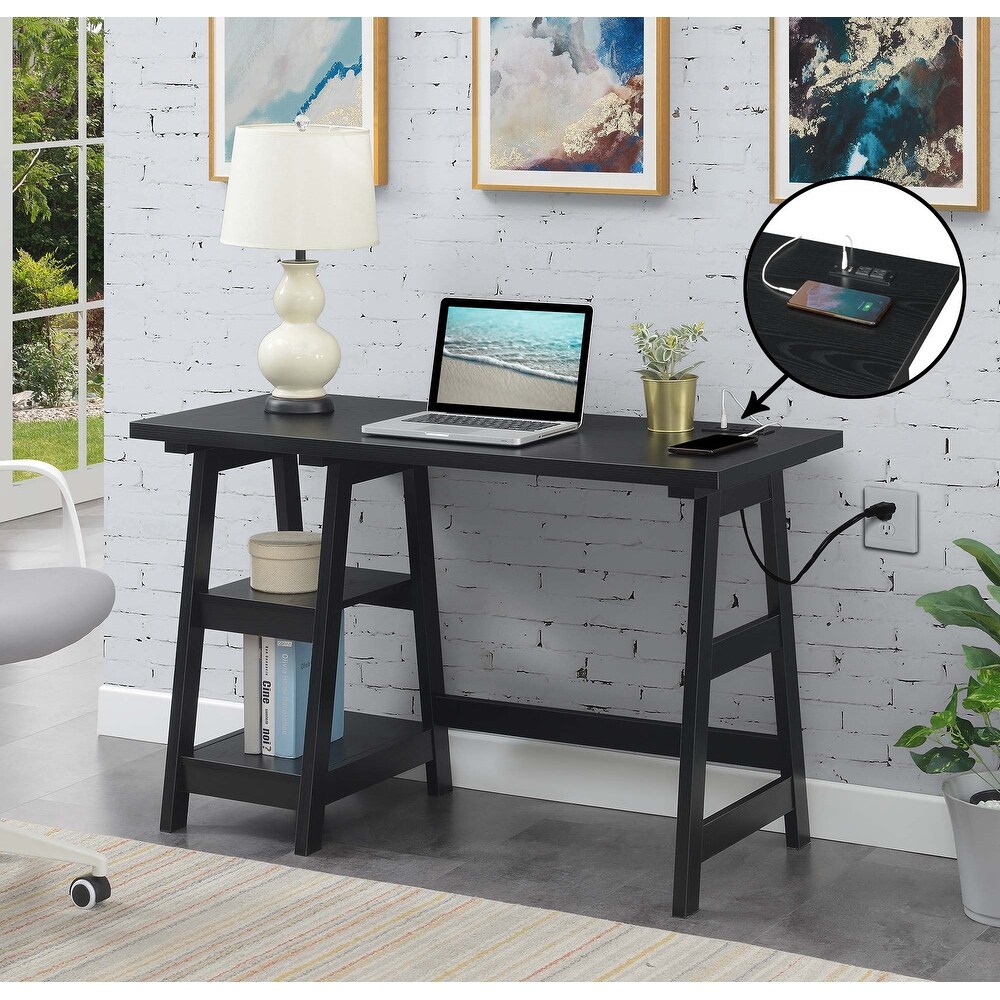 Convenience Concepts Designs2Go Trestle Desk with Charging Station and Shelves