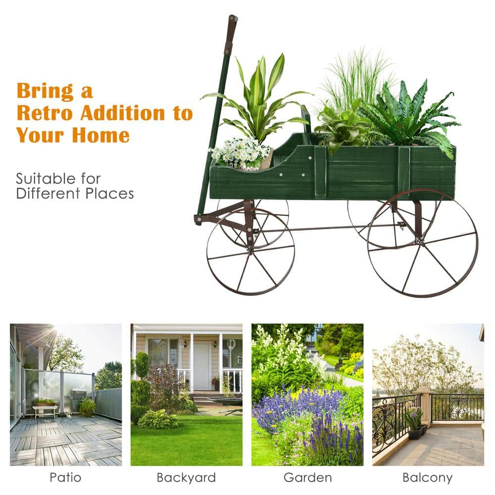 HONEY JOY Wooden Garden Flower Planter Wagon Wheel Plant Bed Decorative Garden Planter for Backyard Garden Green TOPB004890