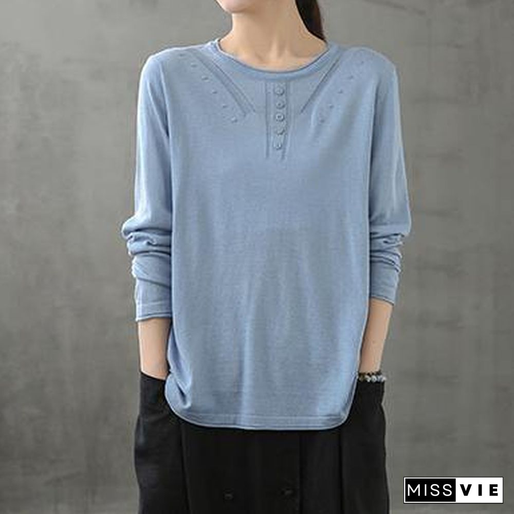 Women o neck long sleeve fall shirts pattern blue blouse