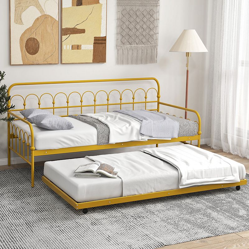 Twin Size Golden Metal Daybed With Trundle And Lockable Wheels-twin Size