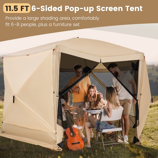 Costway 11 5 X 11 5 Ft 6 sided Pop up Screen House Tent With 2 Wind Panels For Camping Coffee green